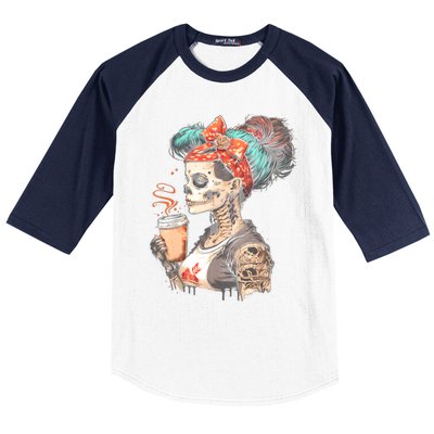 Halloween Skeleton Messy Bun Coffee Funny Costume Mom Baseball Sleeve Shirt