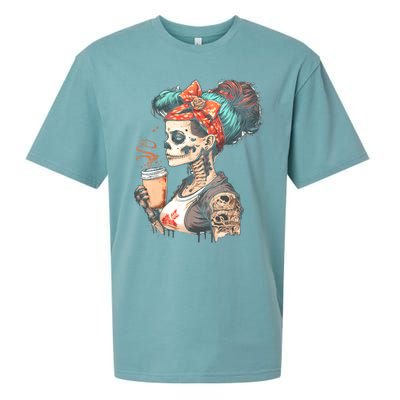 Halloween Skeleton Messy Bun Coffee Funny Costume Mom Sueded Cloud Jersey T-Shirt