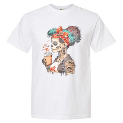 Halloween Skeleton Messy Bun Coffee Funny Costume Mom Garment-Dyed Heavyweight T-Shirt