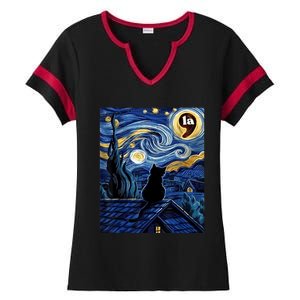 Halloween Starry Night Black Cat Comma La Kamala Harris Ladies Halftime Notch Neck Tee