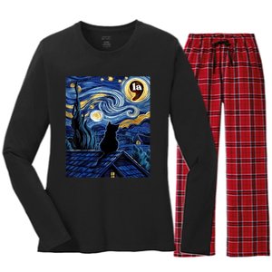 Halloween Starry Night Black Cat Comma La Kamala Harris Women's Long Sleeve Flannel Pajama Set 