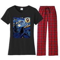 Halloween Starry Night Black Cat Comma La Kamala Harris Women's Flannel Pajama Set