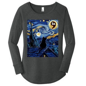 Halloween Starry Night Black Cat Comma La Kamala Harris Women's Perfect Tri Tunic Long Sleeve Shirt