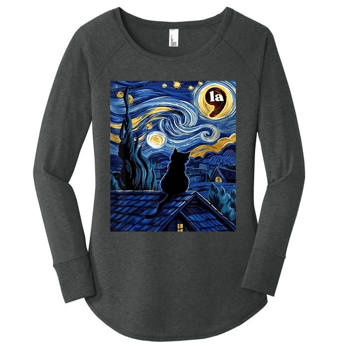 Halloween Starry Night Black Cat Comma La Kamala Harris Women's Perfect Tri Tunic Long Sleeve Shirt