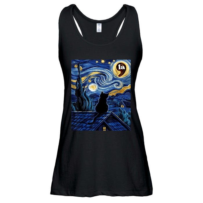 Halloween Starry Night Black Cat Comma La Kamala Harris Ladies Essential Flowy Tank