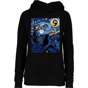 Halloween Starry Night Black Cat Comma La Kamala Harris Womens Funnel Neck Pullover Hood