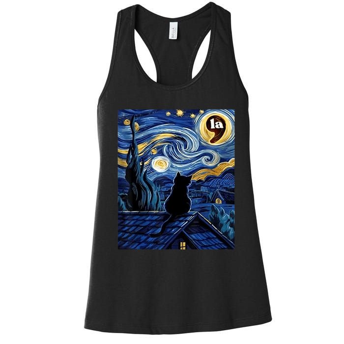 Halloween Starry Night Black Cat Comma La Kamala Harris Women's Racerback Tank