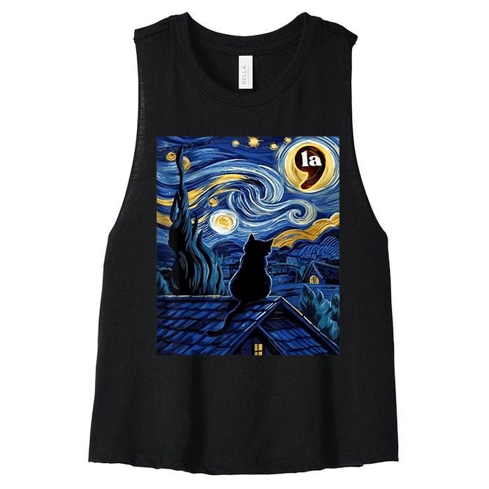 Halloween Starry Night Black Cat Comma La Kamala Harris Women's Racerback Cropped Tank