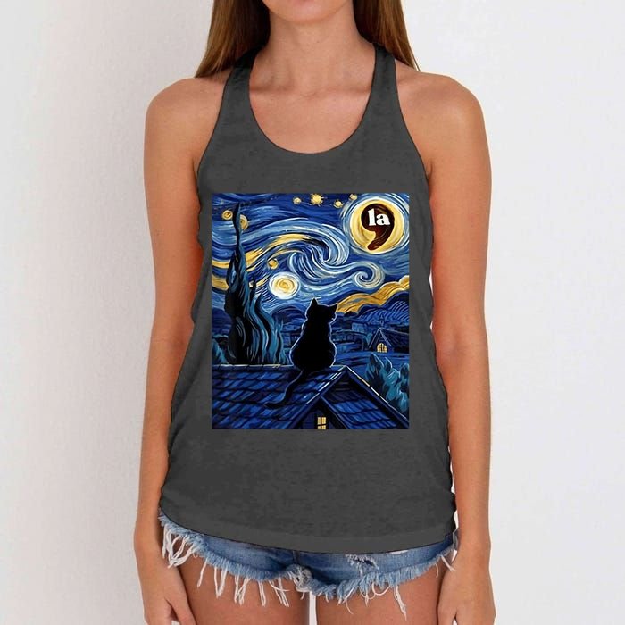 Halloween Starry Night Black Cat Comma La Kamala Harris Women's Knotted Racerback Tank