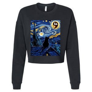 Halloween Starry Night Black Cat Comma La Kamala Harris Cropped Pullover Crew