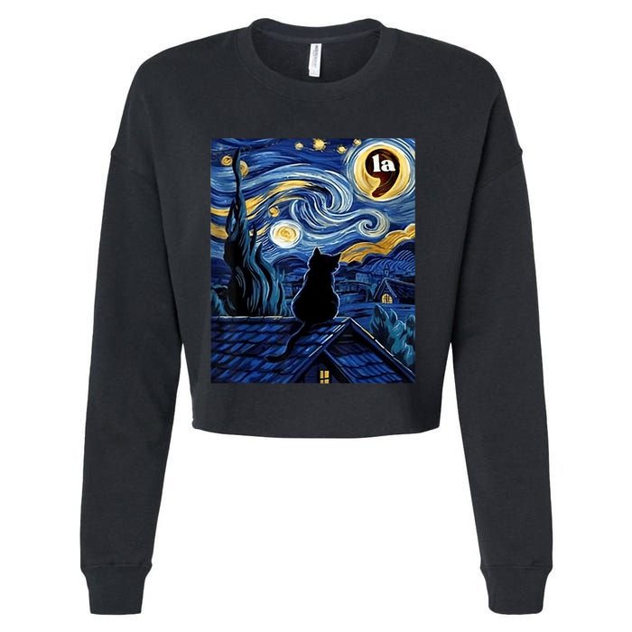 Halloween Starry Night Black Cat Comma La Kamala Harris Cropped Pullover Crew