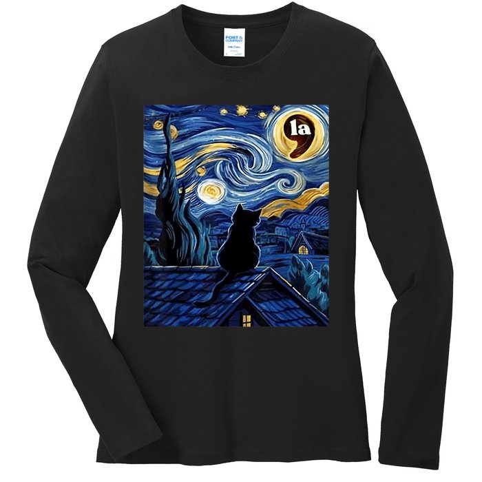 Halloween Starry Night Black Cat Comma La Kamala Harris Ladies Long Sleeve Shirt