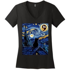 Halloween Starry Night Black Cat Comma La Kamala Harris Women's V-Neck T-Shirt