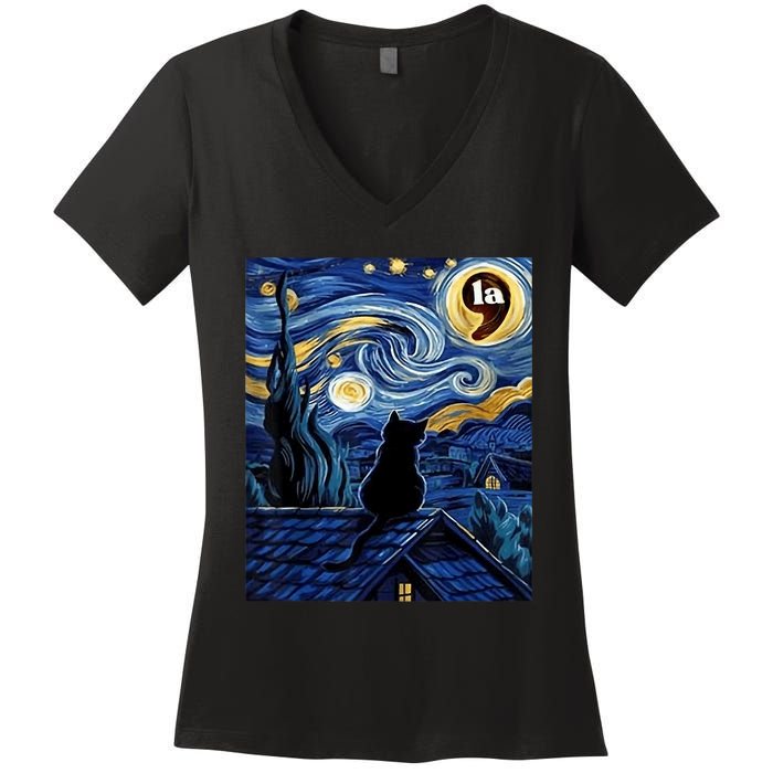 Halloween Starry Night Black Cat Comma La Kamala Harris Women's V-Neck T-Shirt