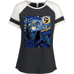 Halloween Starry Night Black Cat Comma La Kamala Harris Enza Ladies Jersey Colorblock Tee