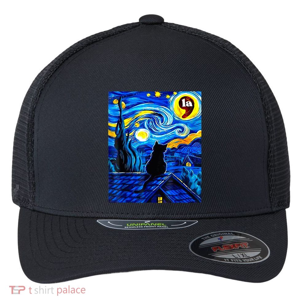 Halloween Starry Night Black Cat Comma La Kamala Harris Flexfit Unipanel Trucker Cap
