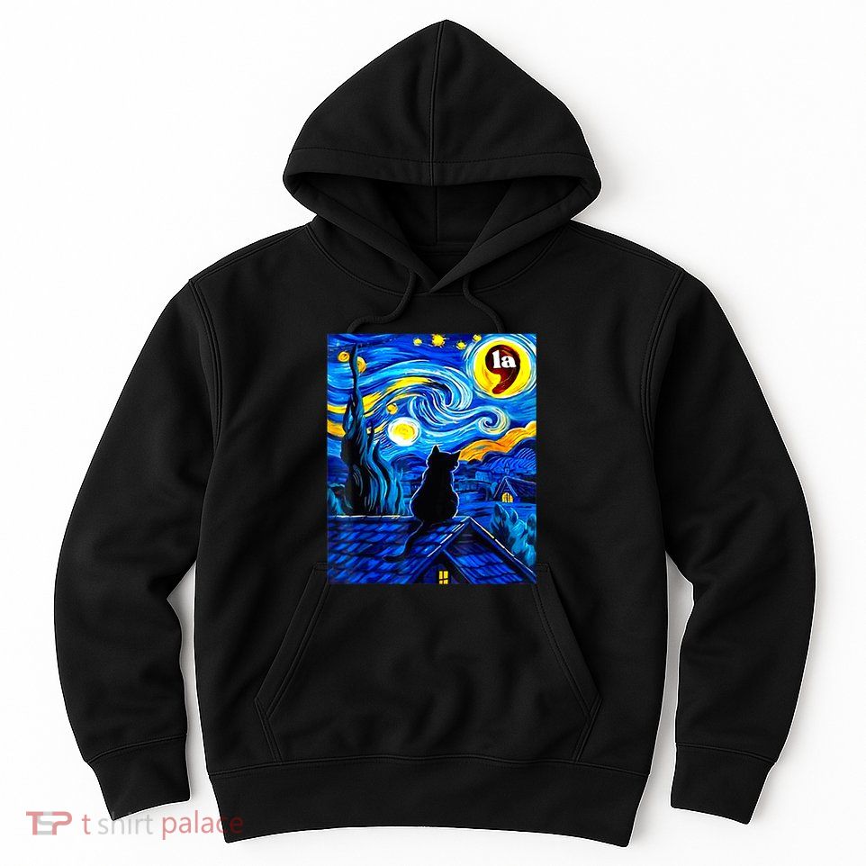 Halloween Starry Night Black Cat Comma La Kamala Harris Hoodie
