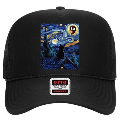 Halloween Starry Night Black Cat Comma La Kamala Harris Gift High Crown Mesh Back Trucker Hat