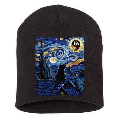 Halloween Starry Night Black Cat Comma La Kamala Harris Gift Short Acrylic Beanie