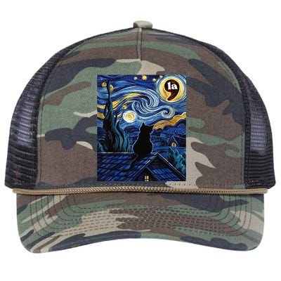 Halloween Starry Night Black Cat Comma La Kamala Harris Gift Retro Rope Trucker Hat Cap