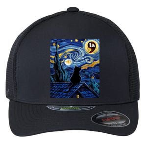 Halloween Starry Night Black Cat Comma La Kamala Harris Flexfit Unipanel Trucker Cap