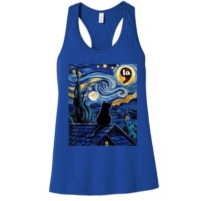 Halloween Starry Night Black Cat Comma La Kamala Harris Women's Racerback Tank