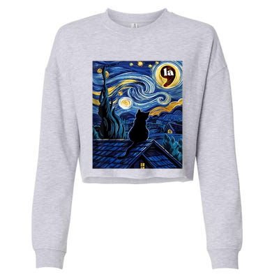 Halloween Starry Night Black Cat Comma La Kamala Harris Cropped Pullover Crew