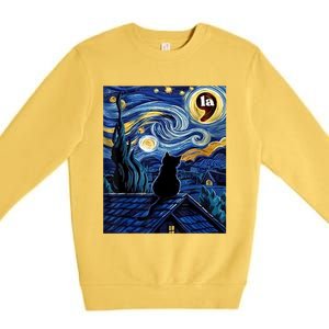 Halloween Starry Night Black Cat Comma La Kamala Harris Premium Crewneck Sweatshirt