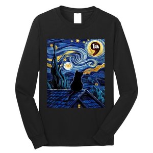 Halloween Starry Night Black Cat Comma La Kamala Harris Long Sleeve Shirt