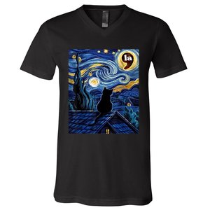 Halloween Starry Night Black Cat Comma La Kamala Harris V-Neck T-Shirt