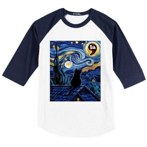 Halloween Starry Night Black Cat Comma La Kamala Harris Baseball Sleeve Shirt