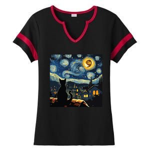 Halloween Starry Night Black Cat Comma La Kamala Harris Ladies Halftime Notch Neck Tee