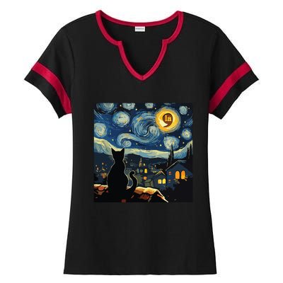 Halloween Starry Night Black Cat Comma La Kamala Harris Ladies Halftime Notch Neck Tee