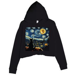 Halloween Starry Night Black Cat Comma La Kamala Harris Crop Fleece Hoodie