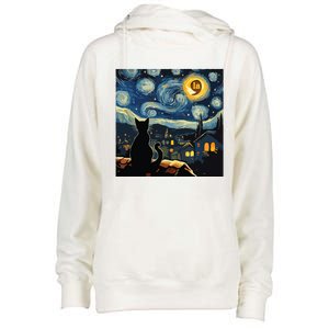 Halloween Starry Night Black Cat Comma La Kamala Harris Womens Funnel Neck Pullover Hood