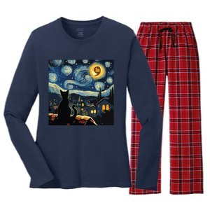 Halloween Starry Night Black Cat Comma La Kamala Harris Women's Long Sleeve Flannel Pajama Set 