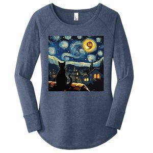 Halloween Starry Night Black Cat Comma La Kamala Harris Women's Perfect Tri Tunic Long Sleeve Shirt