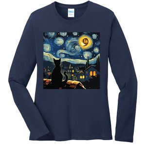 Halloween Starry Night Black Cat Comma La Kamala Harris Ladies Long Sleeve Shirt