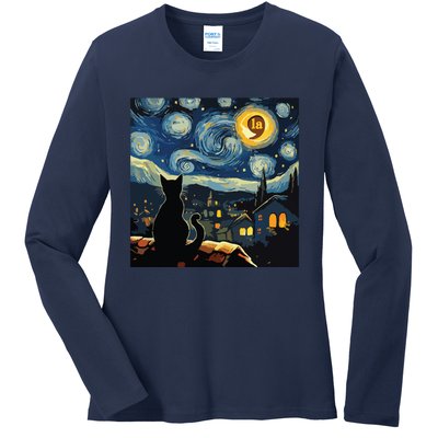 Halloween Starry Night Black Cat Comma La Kamala Harris Ladies Long Sleeve Shirt