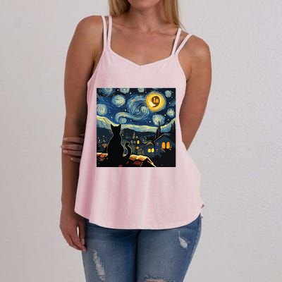 Halloween Starry Night Black Cat Comma La Kamala Harris Women's Strappy Tank