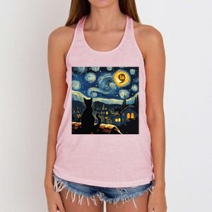 Halloween Starry Night Black Cat Comma La Kamala Harris Women's Knotted Racerback Tank