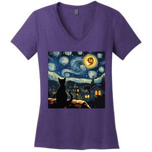 Halloween Starry Night Black Cat Comma La Kamala Harris Women's V-Neck T-Shirt