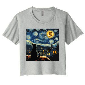 Halloween Starry Night Black Cat Comma La Kamala Harris Women's Crop Top Tee