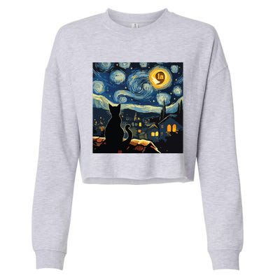 Halloween Starry Night Black Cat Comma La Kamala Harris Cropped Pullover Crew