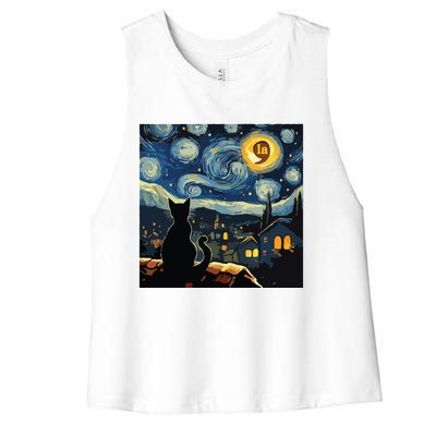 Halloween Starry Night Black Cat Comma La Kamala Harris Women's Racerback Cropped Tank