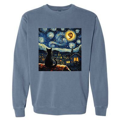 Halloween Starry Night Black Cat Comma La Kamala Harris Gift Garment-Dyed Sweatshirt