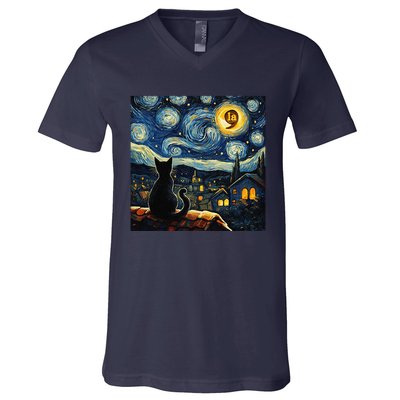 Halloween Starry Night Black Cat Comma La Kamala Harris Gift V-Neck T-Shirt