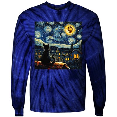 Halloween Starry Night Black Cat Comma La Kamala Harris Gift Tie-Dye Long Sleeve Shirt