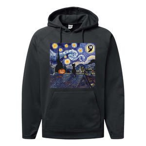 Halloween Starry Night Comma La Black Cat Kamala Harris Moon Performance Fleece Hoodie