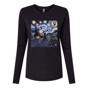 Halloween Starry Night Comma La Black Cat Kamala Harris Moon Womens Cotton Relaxed Long Sleeve T-Shirt